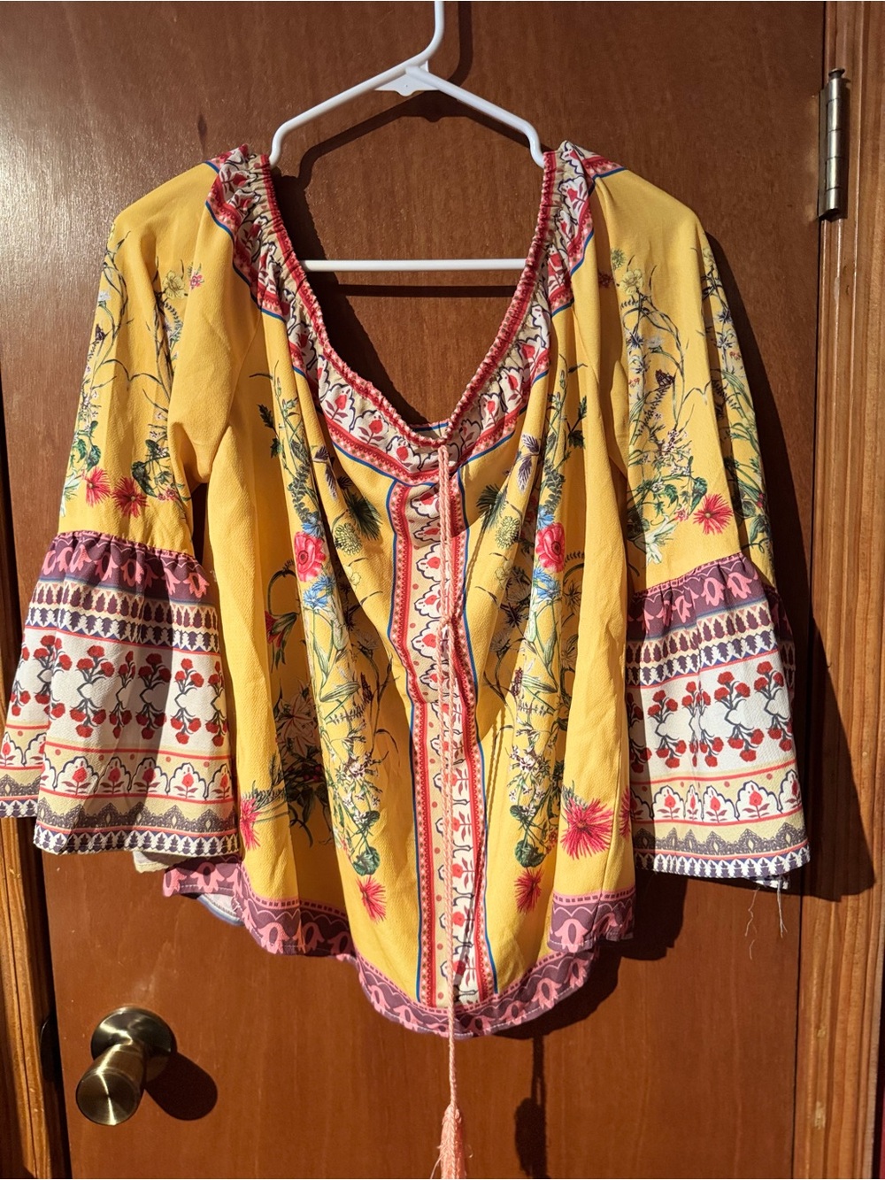 Umgee Yellow Floral Boho Top with Red and Blue Trim